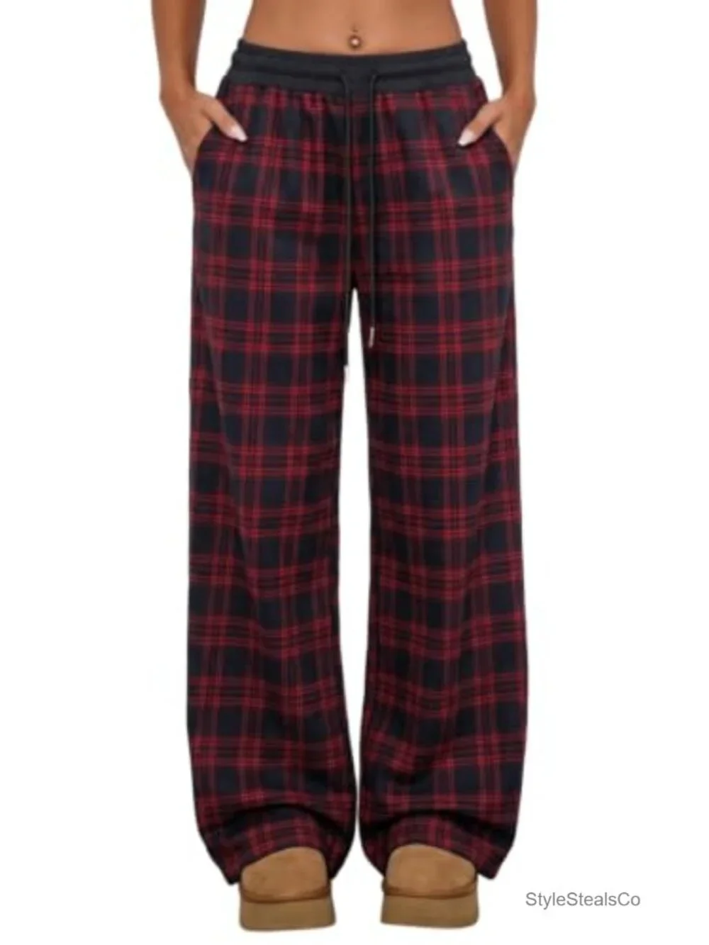 Wide Leg Sweatpants with Pockets Plaid Lounge Pants High Waisted Drawstring